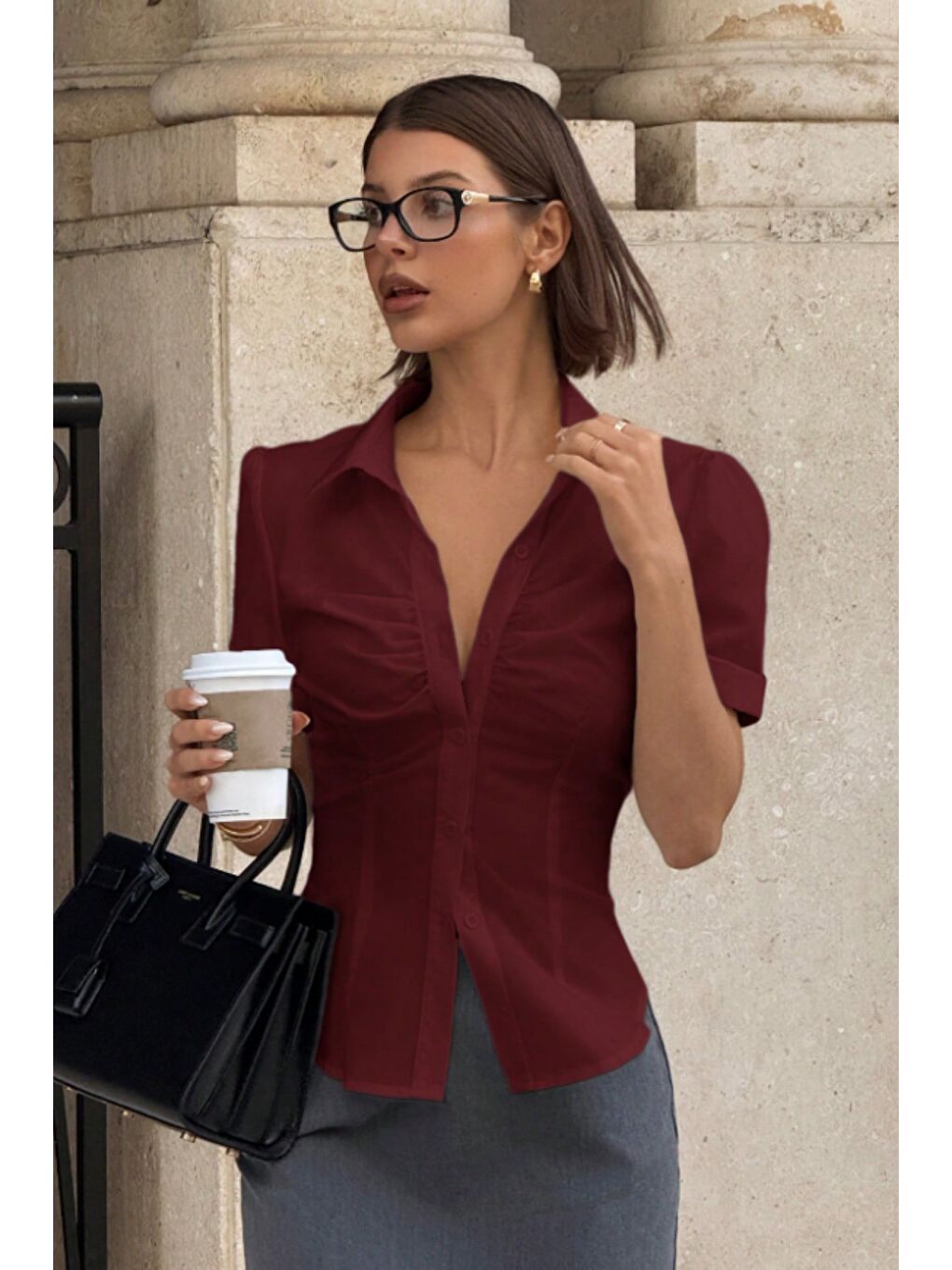 Bordo Vücuda Oturan Kısa Kollu Kadın Gömlek-2