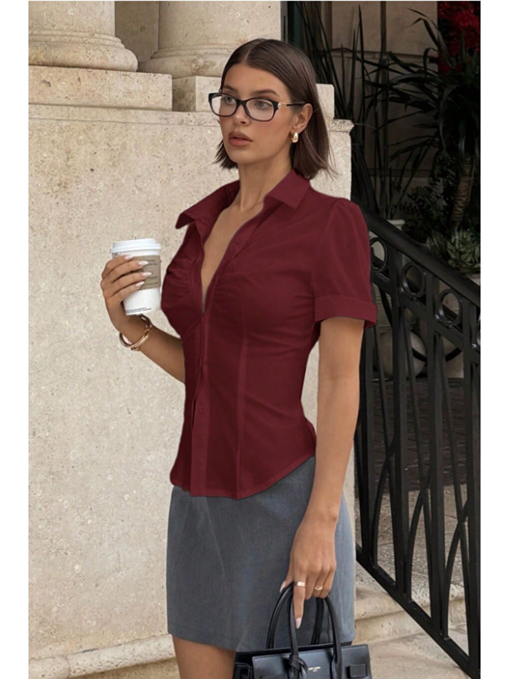Bordo Vücuda Oturan Kısa Kollu Kadın Gömlek-3