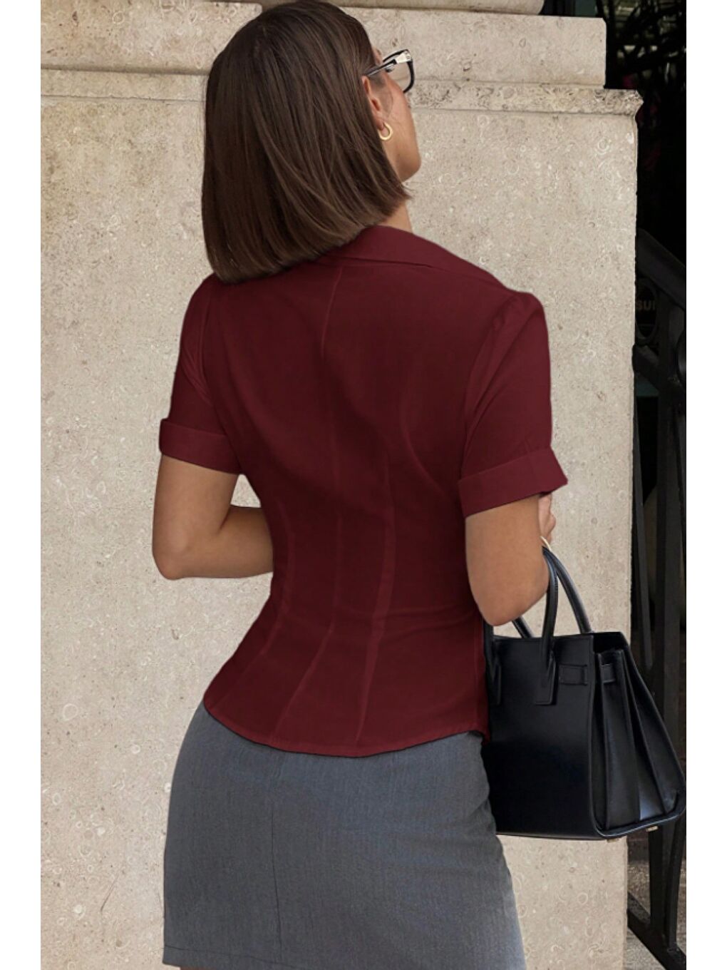 Bordo Vücuda Oturan Kısa Kollu Kadın Gömlek-4