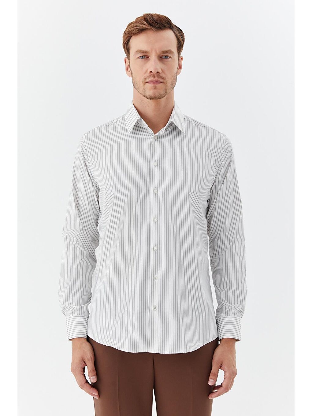 Erkek Haki Çizgili Klasik Yaka Slim Fit Gömlek