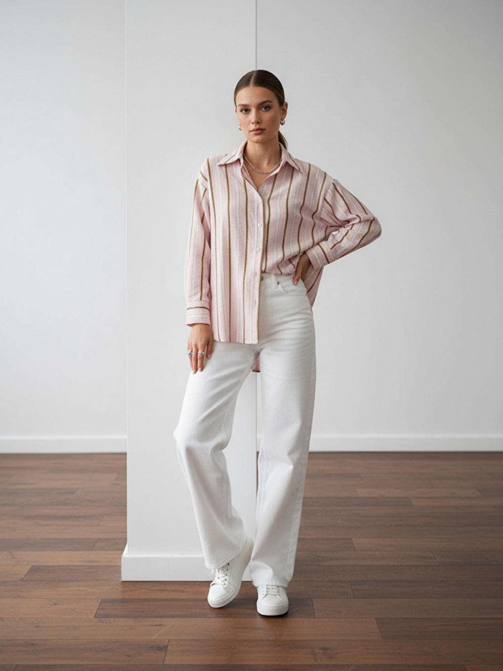 Pembe Oversize Çizgili Uzun Kadın Gömleği