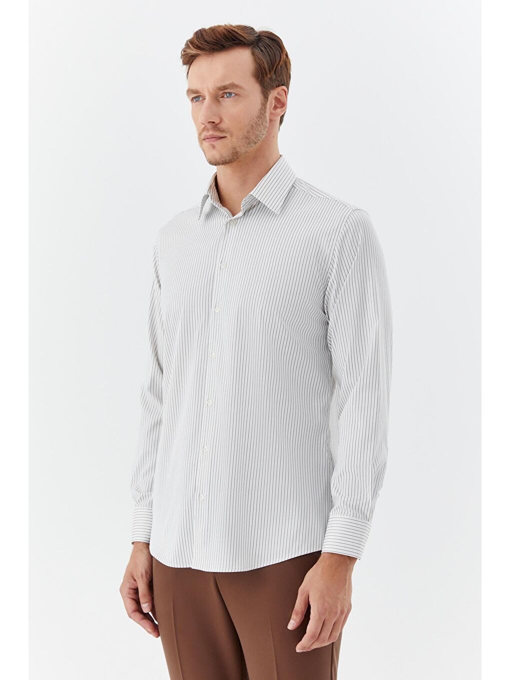 Erkek Haki Çizgili Klasik Yaka Slim Fit Gömlek-2