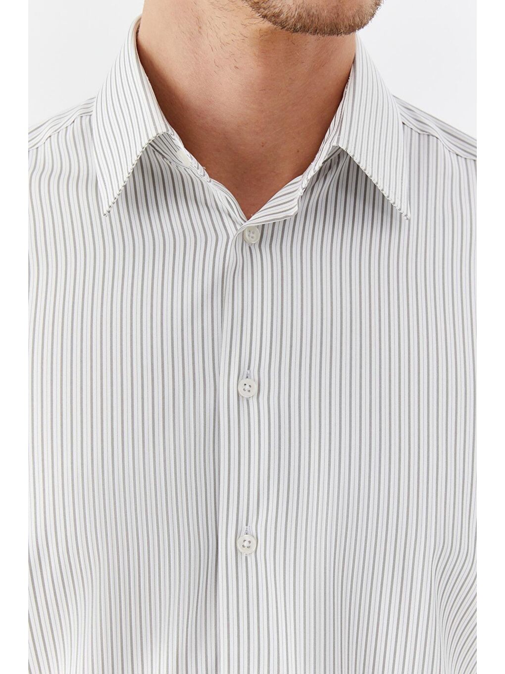 Erkek Haki Çizgili Klasik Yaka Slim Fit Gömlek-3