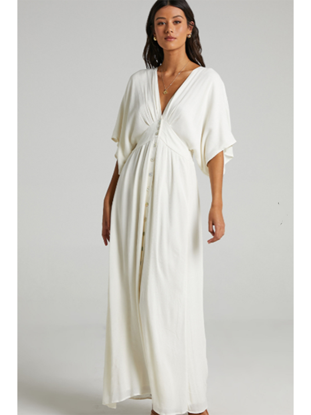 Beyaz V Yaka Düğmeli Elbise Mg2339-8