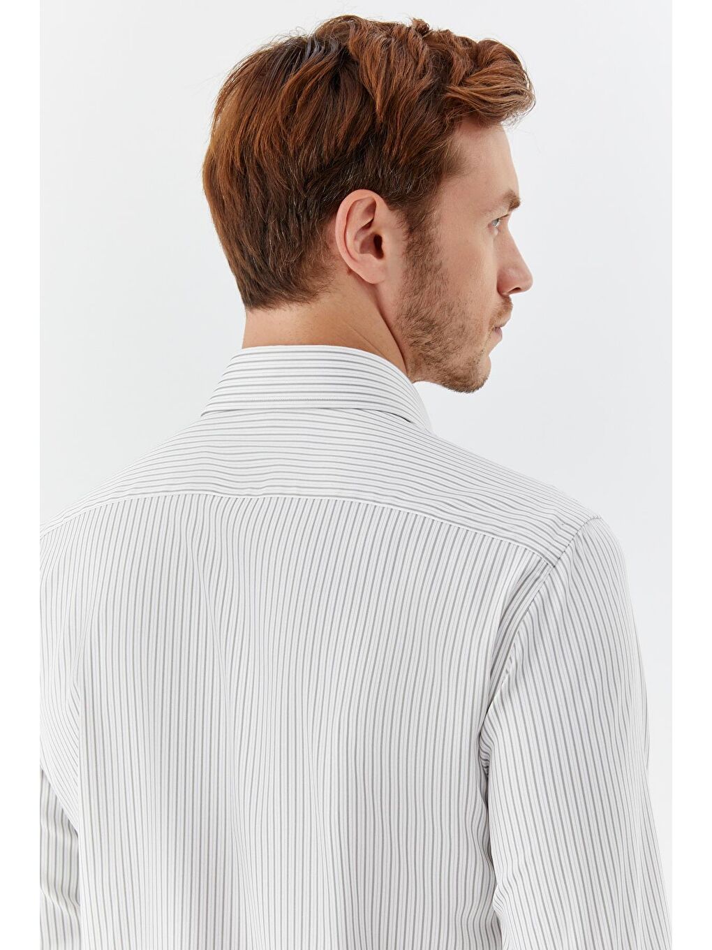 Erkek Haki Çizgili Klasik Yaka Slim Fit Gömlek-5