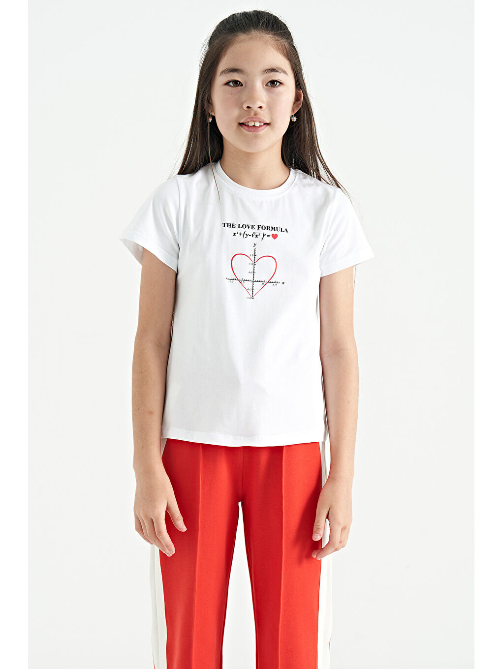 Beyaz O Yaka Baskı Detaylı Rahat Kalıp Kız Çocuk Tişört - 75129