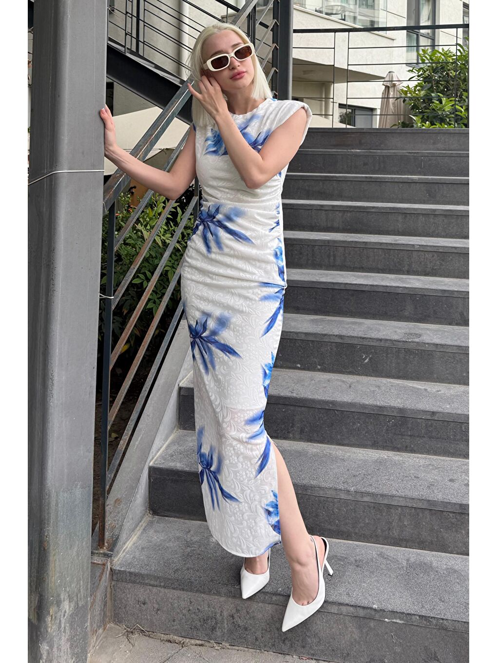 Mavi Desenli Midi Boy Kadın Elbise Mg2464-2