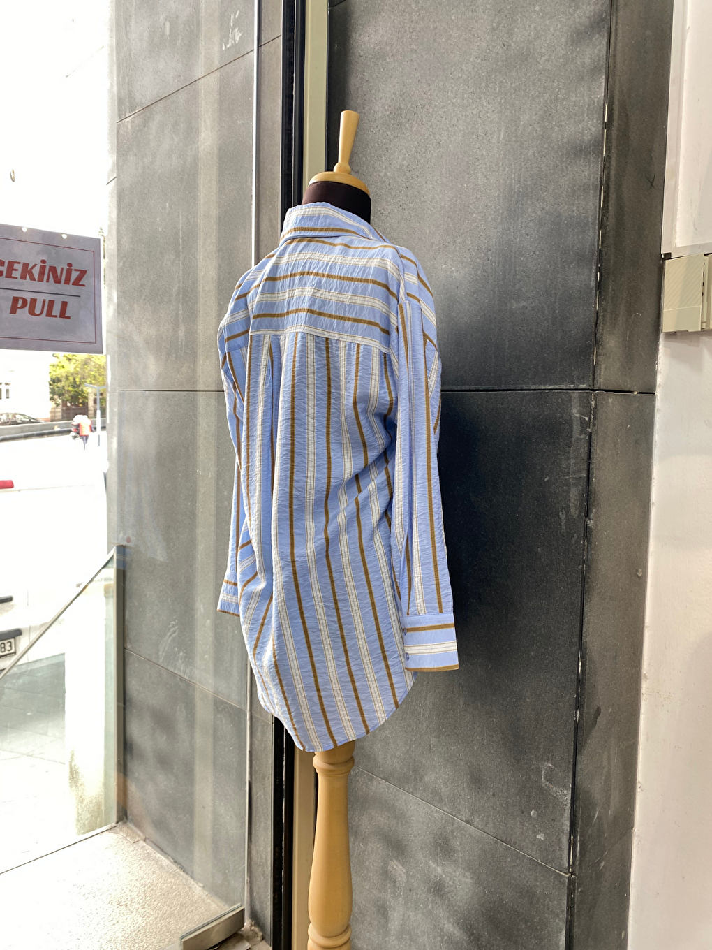 Mavi Oversize Çizgili Uzun Kadın Gömleği-2