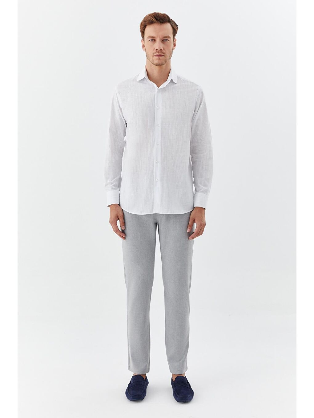 Erkek Mavi Çizgili Poligotlu Yaka Regular Fit Gömlek-1