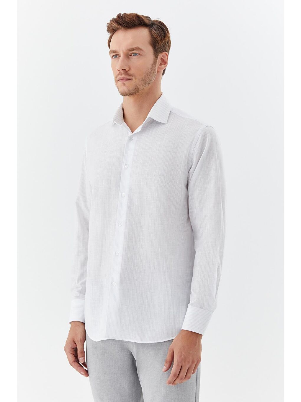 Erkek Mavi Çizgili Poligotlu Yaka Regular Fit Gömlek-2