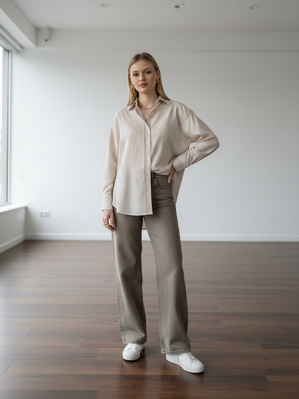 Bej Çizgili Oversize Kadın Gömlek