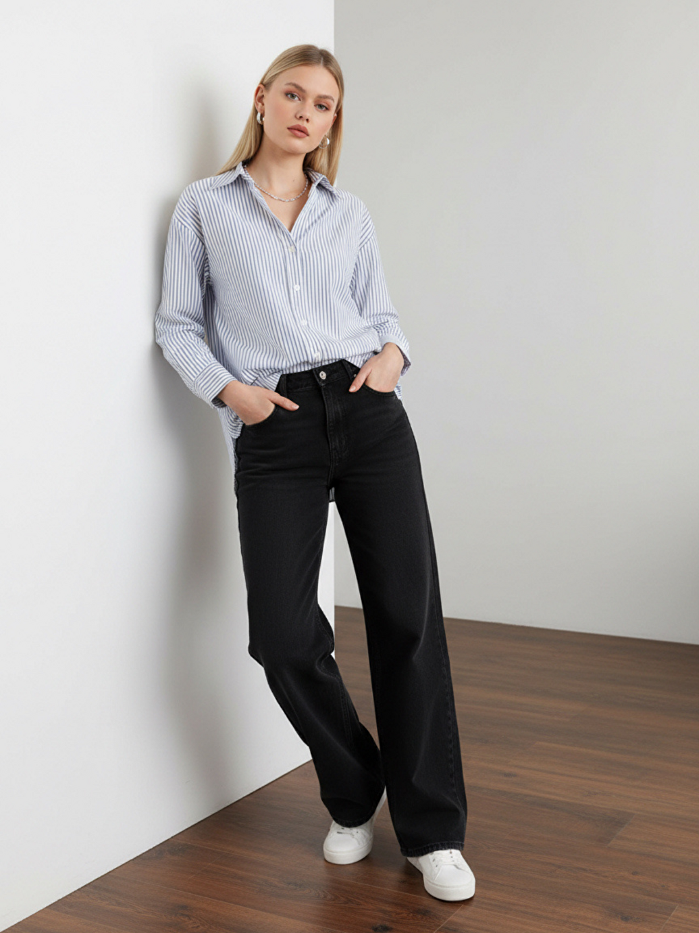 Mavi Çizgili Oversize Kadın Gömlek-1