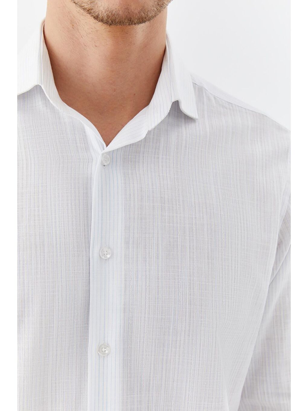 Erkek Mavi Çizgili Poligotlu Yaka Regular Fit Gömlek-3