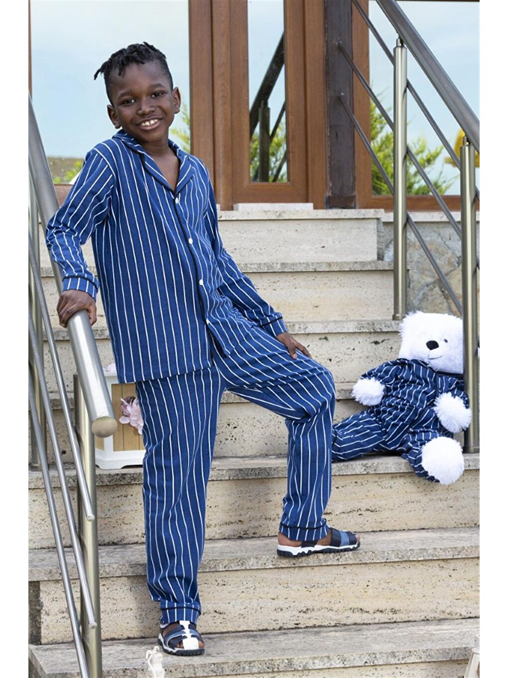 Vitmo Lacivert Çizgili Düğmeli Erkek Çocuk Pijama - 2