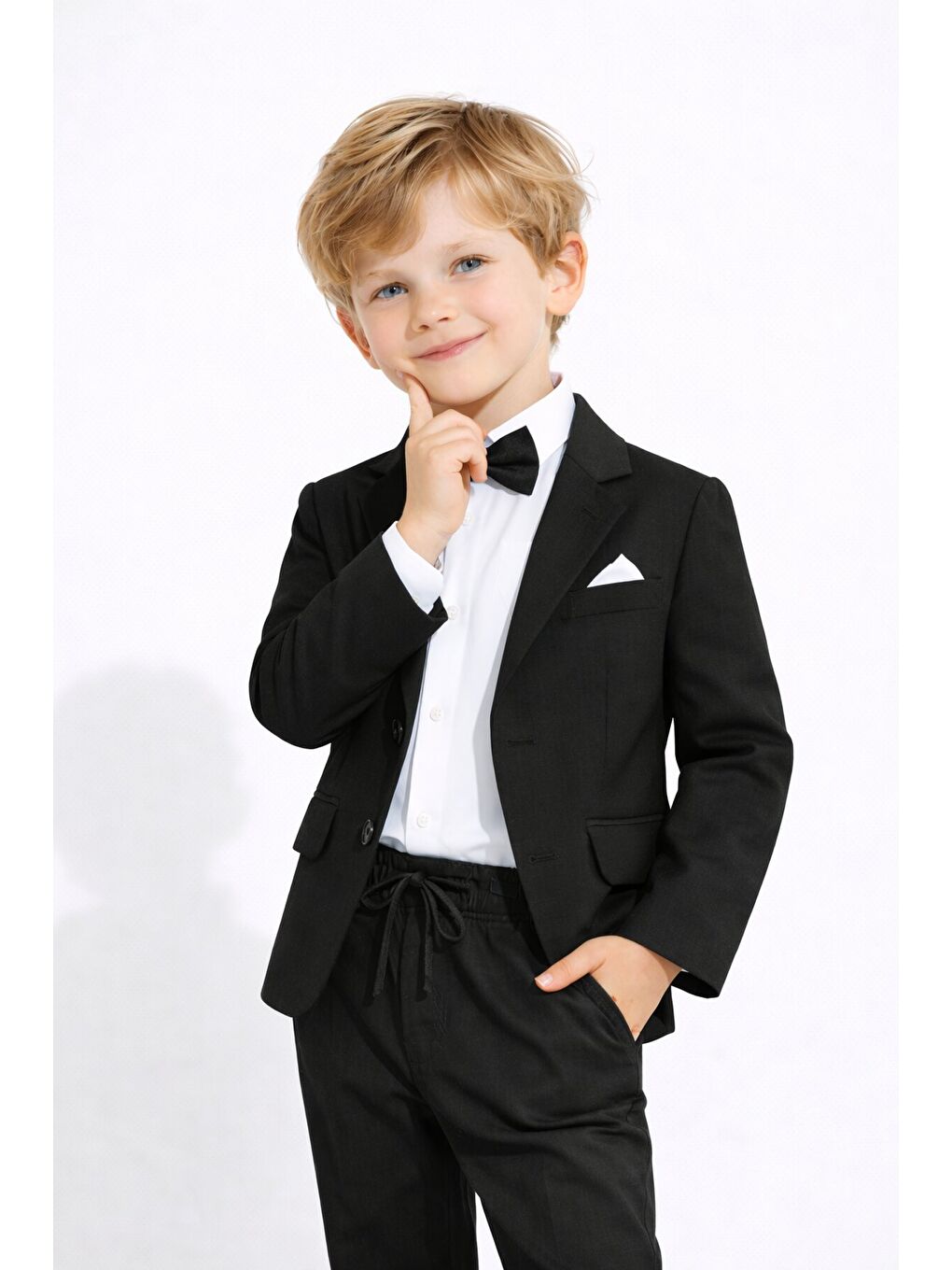 Siyah Keten Ceket ve Pantolonlu Erkek Çocuk Papyonlu 4lü Takım Elbise 23521-1