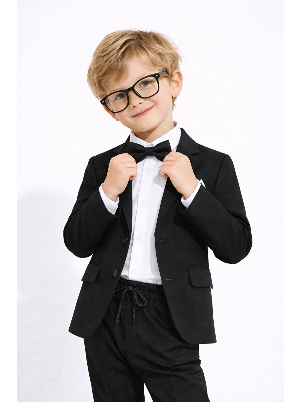 Siyah Keten Ceket ve Pantolonlu Erkek Çocuk Papyonlu 4lü Takım Elbise 23521-4
