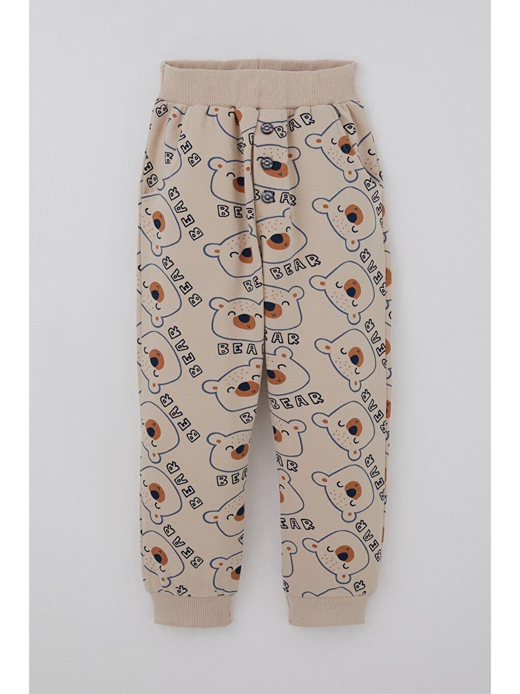 Erkek Çocuk Eşofman Altı Sevimli Ayıcık Desenli Düğme Aksesuarlı Bej (2-6 Yaş)