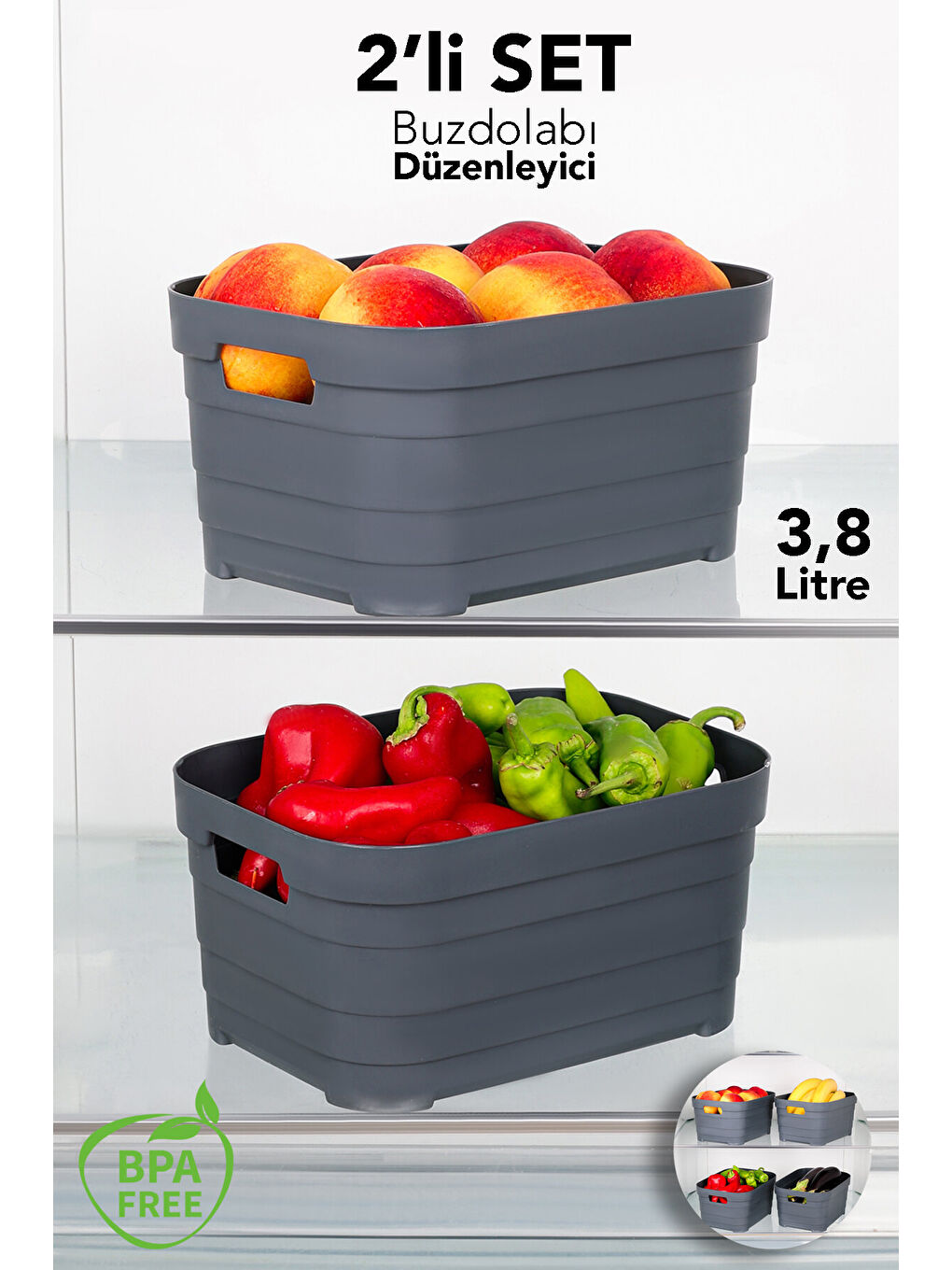 Antrasit 2'li Buzdolabı Düzenleyici 3800 ml