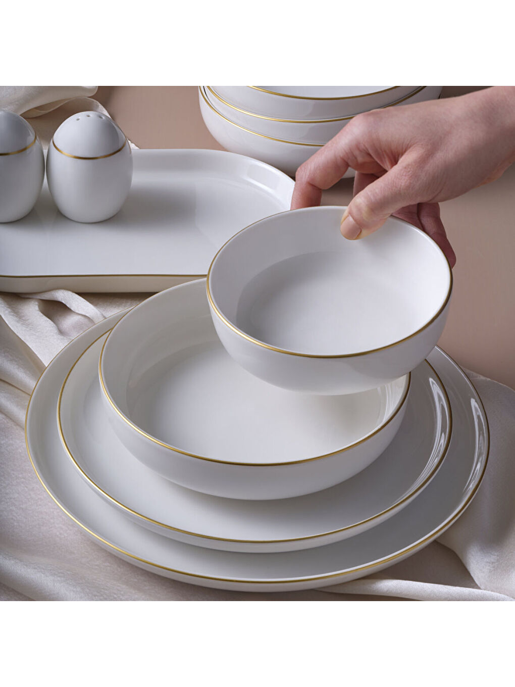 Ekru Bilbao 19 Parça 4 Kişilik Yemek Takımı Mat Altın File-2