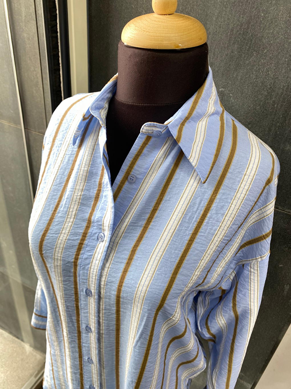 Mavi Oversize Çizgili Uzun Kadın Gömleği-4