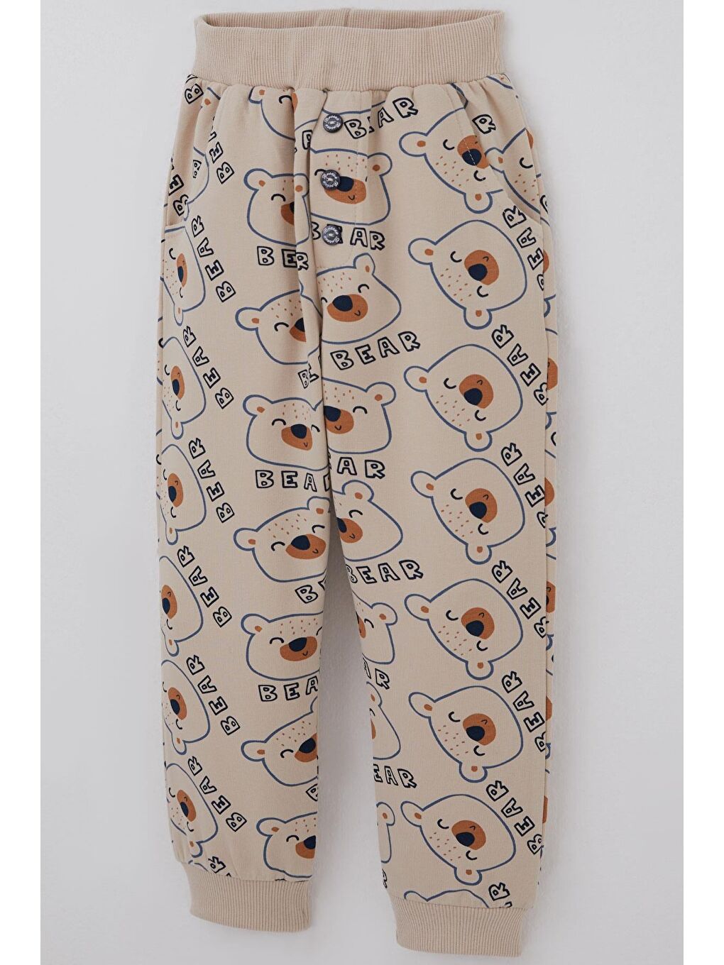 Erkek Çocuk Eşofman Altı Sevimli Ayıcık Desenli Düğme Aksesuarlı Bej (2-6 Yaş)-2