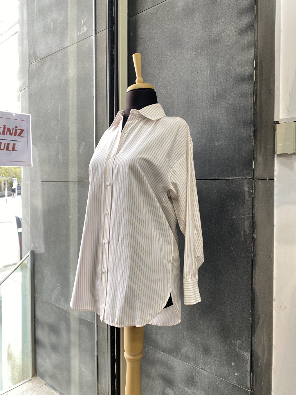 Bej Çizgili Oversize Kadın Gömlek-2