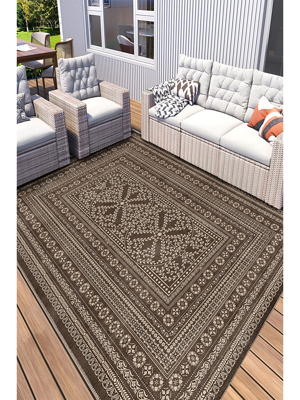 Kahverengi Dekoratif Salon Halısı, Makinada Yıkanabilir, Kaymaz Taban, İnce & Modern Tasarım-2