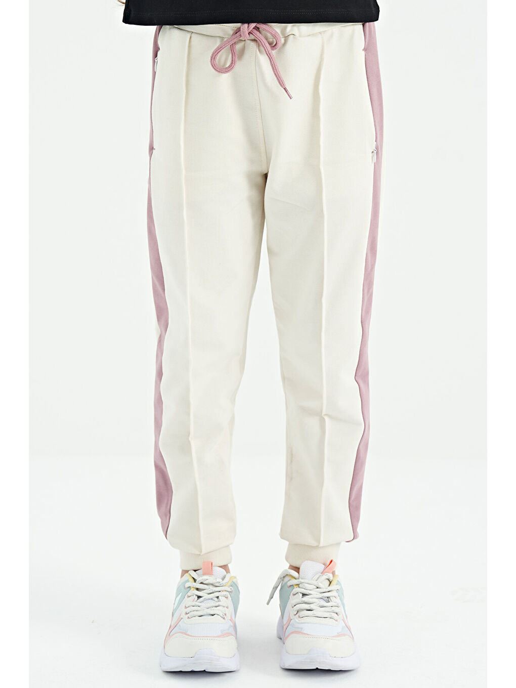 Ekru Yan Bantlı Gizli Fermuar Cep Detaylı Jogger Kız Çocuk Eşofman Alt - 75122-2