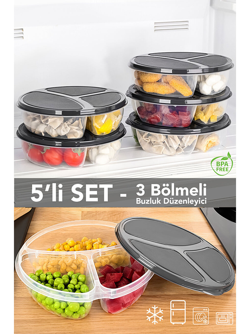 Renksiz 5 Adet Yuvarlak 3 Bölmeli Saklama Kabı
