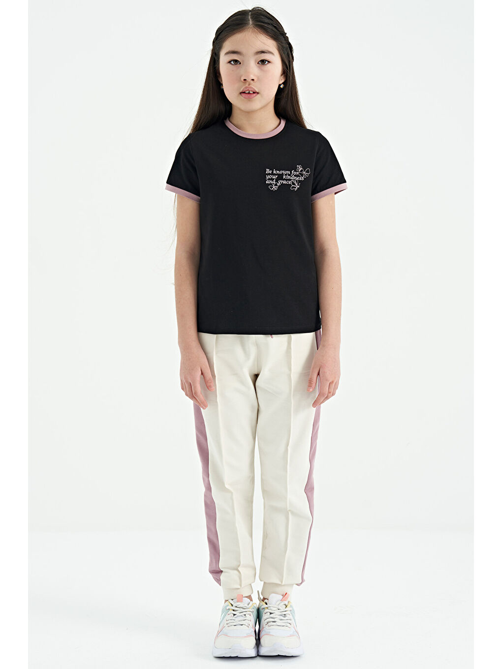 Ekru Yan Bantlı Gizli Fermuar Cep Detaylı Jogger Kız Çocuk Eşofman Alt - 75122-4