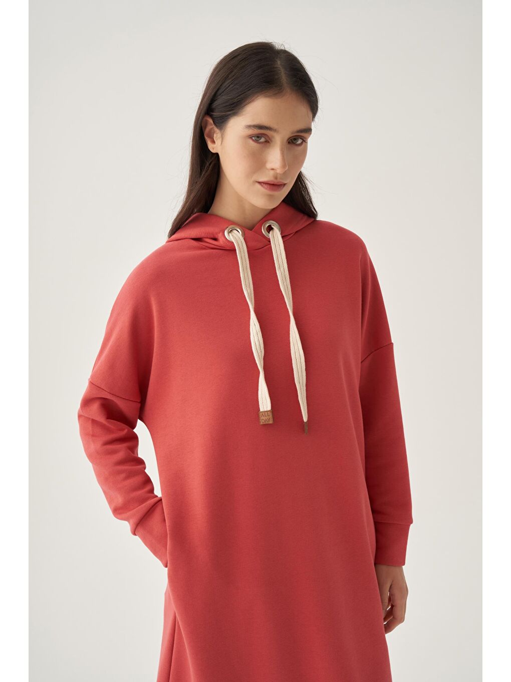 Kırmızı Gül-Kuşgözlü Kapüşonlu Cepli Elastanlı Uzun Sweat-4