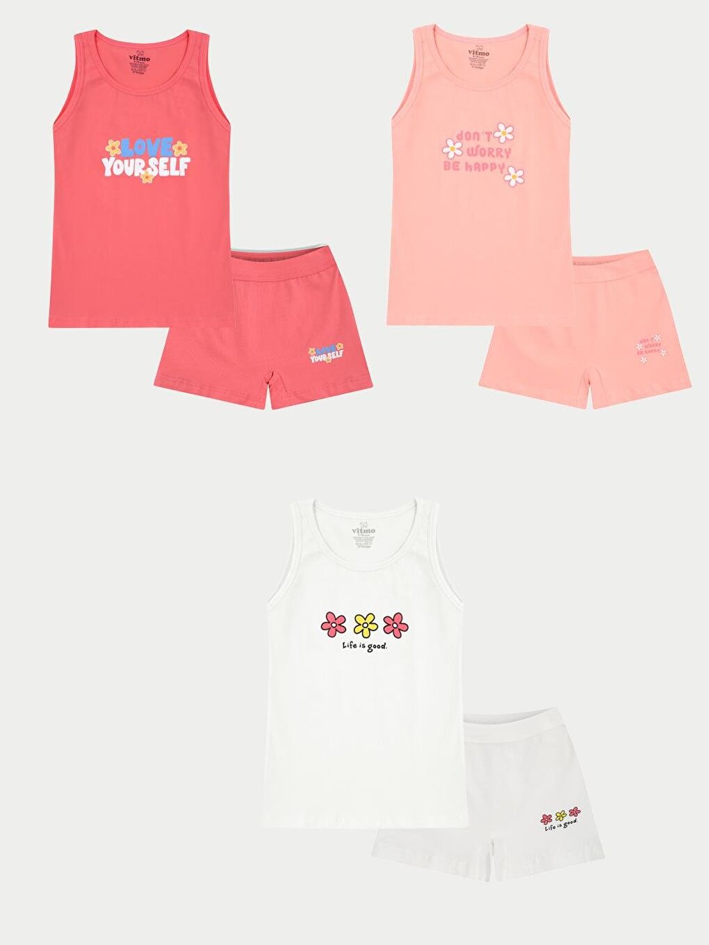 Vitmo Karişik Kız Çocuk Pamuklu 3'Lü Atlet 3'Lü Şort Boxer Karışık Renk Spring 6 Parça Set