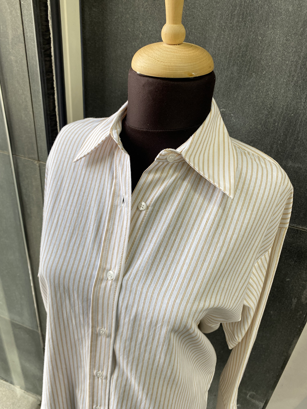 Bej Çizgili Oversize Kadın Gömlek-4