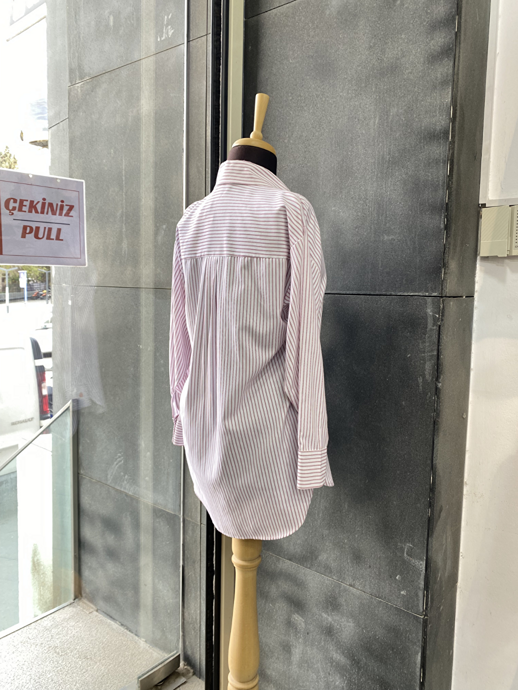 Bordo Çizgili Oversize Kadın Gömlek-1