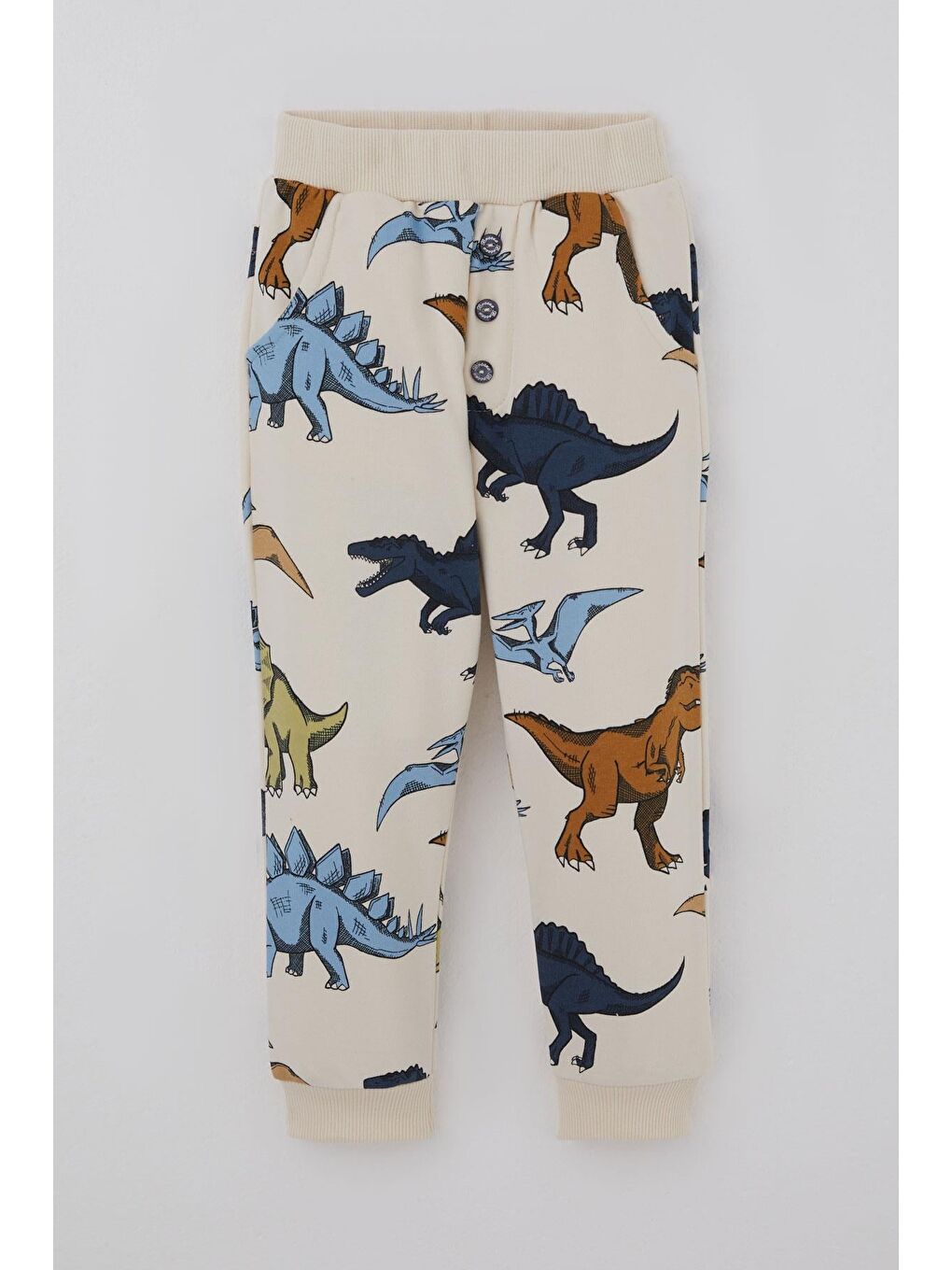 Ekru Erkek Çocuk Eşofman Altı Kükreyen Dinozorlar Desenli Düğme Aksesuarlı Krem (2-6 Yaş)