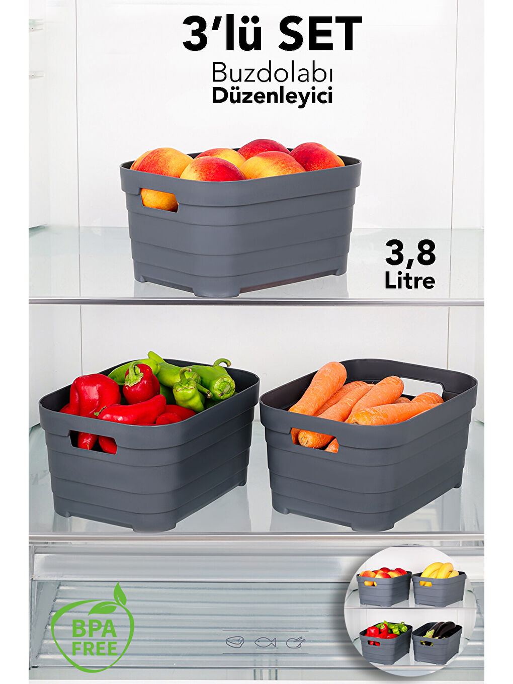 Antrasit 3'lü Buzdolabı Düzenleyici 3800 ml