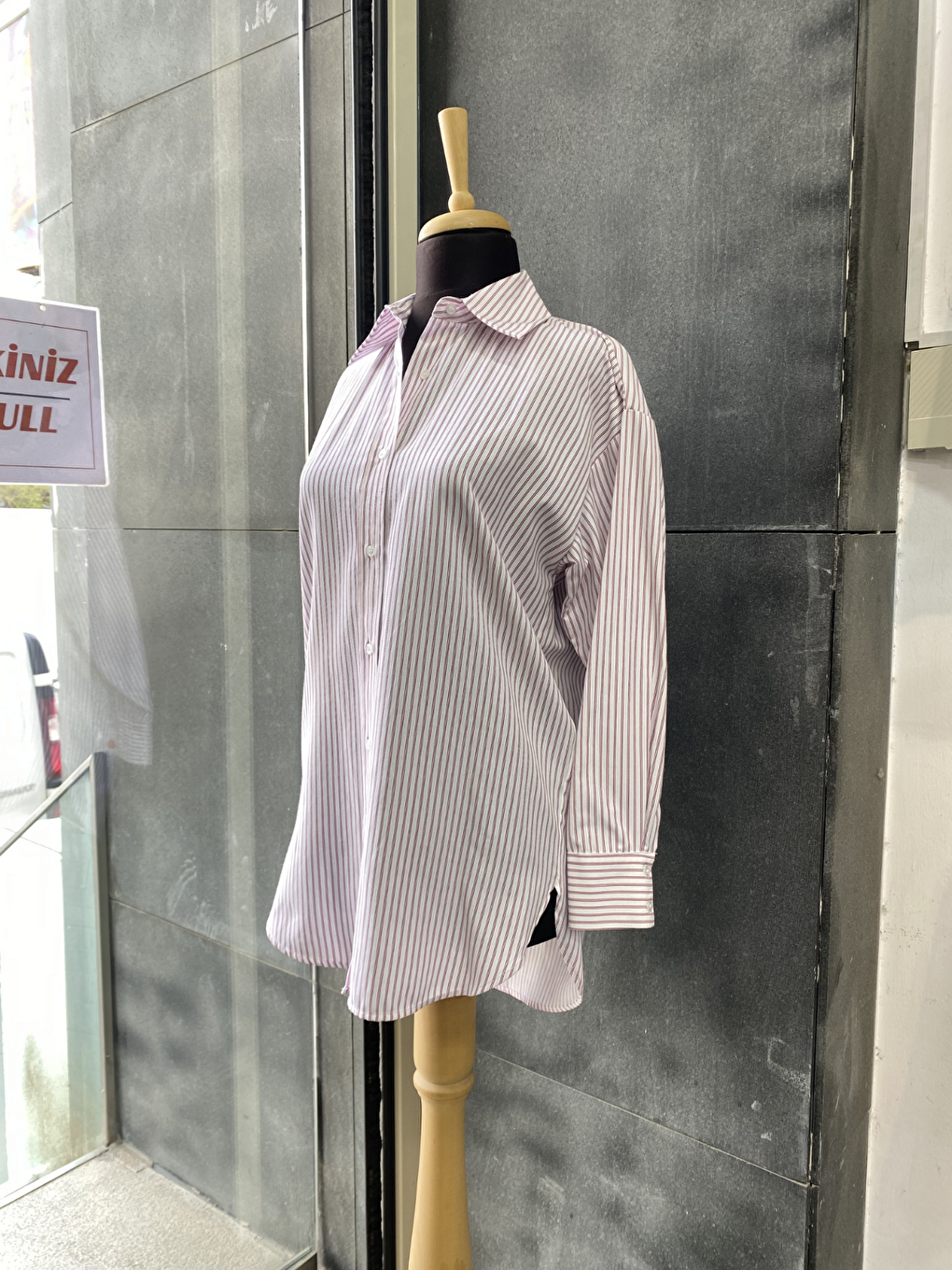 Bordo Çizgili Oversize Kadın Gömlek-2