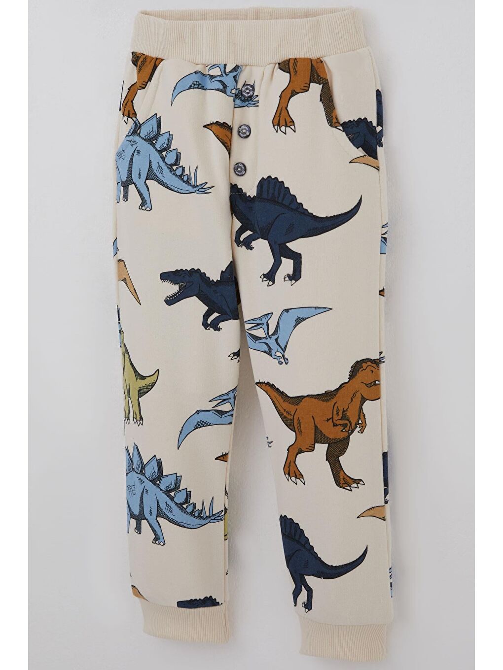 Ekru Erkek Çocuk Eşofman Altı Kükreyen Dinozorlar Desenli Düğme Aksesuarlı Krem (2-6 Yaş)-2
