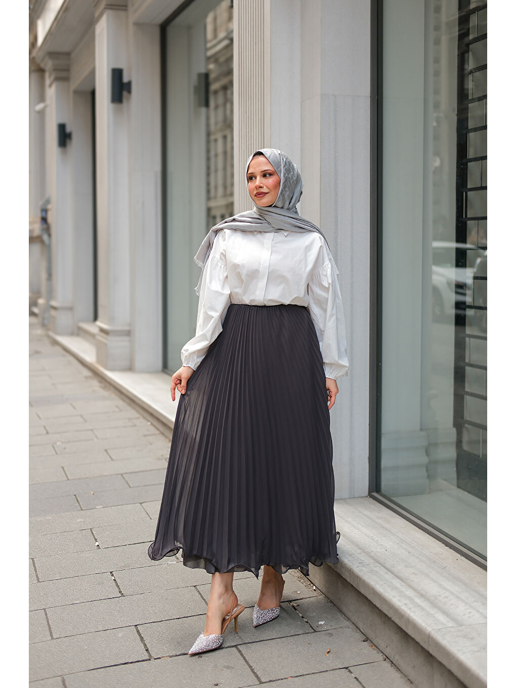Locco Moda Kadın Beli Lastikli Pileli Etek Antrasit