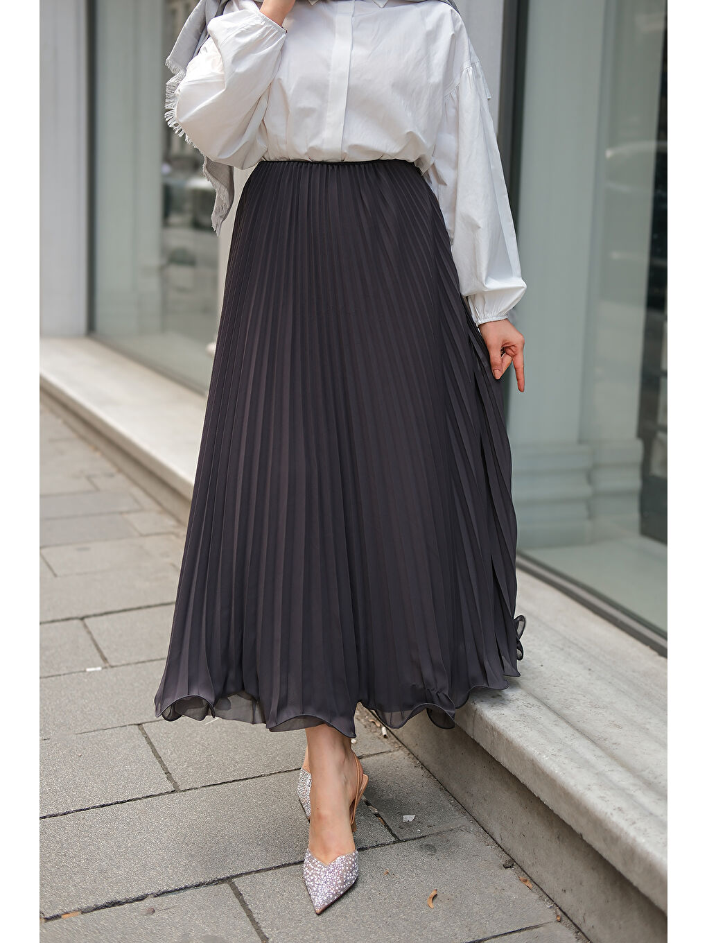Locco Moda Kadın Beli Lastikli Pileli Etek Antrasit - 1