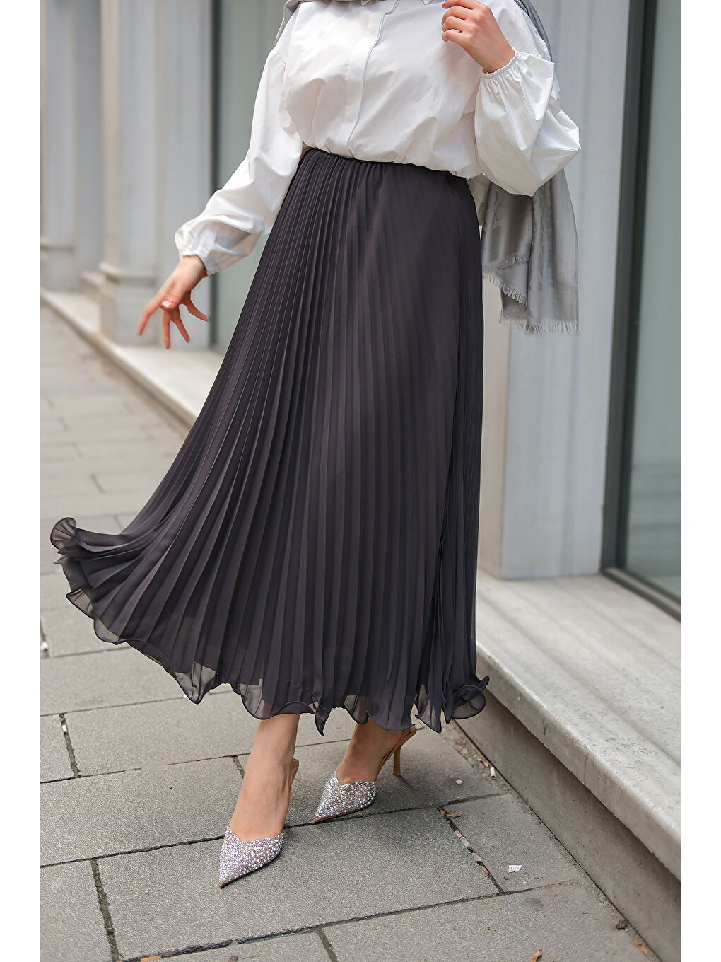 Locco Moda Kadın Beli Lastikli Pileli Etek Antrasit - 2