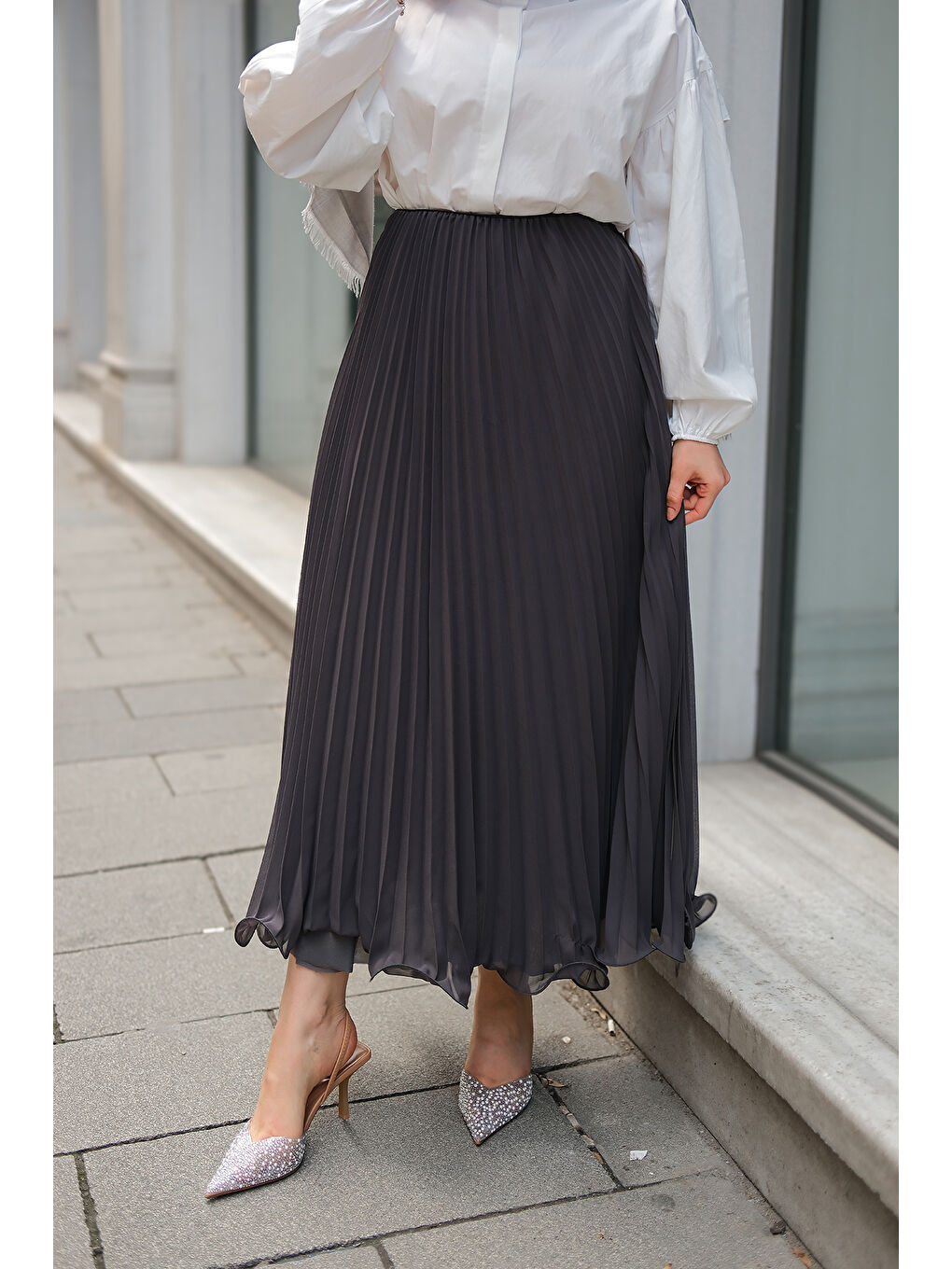 Locco Moda Kadın Beli Lastikli Pileli Etek Antrasit - 3