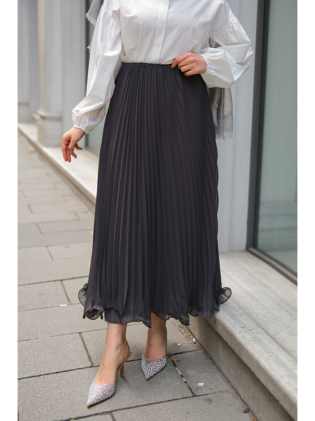 Locco Moda Kadın Beli Lastikli Pileli Etek Antrasit - 4