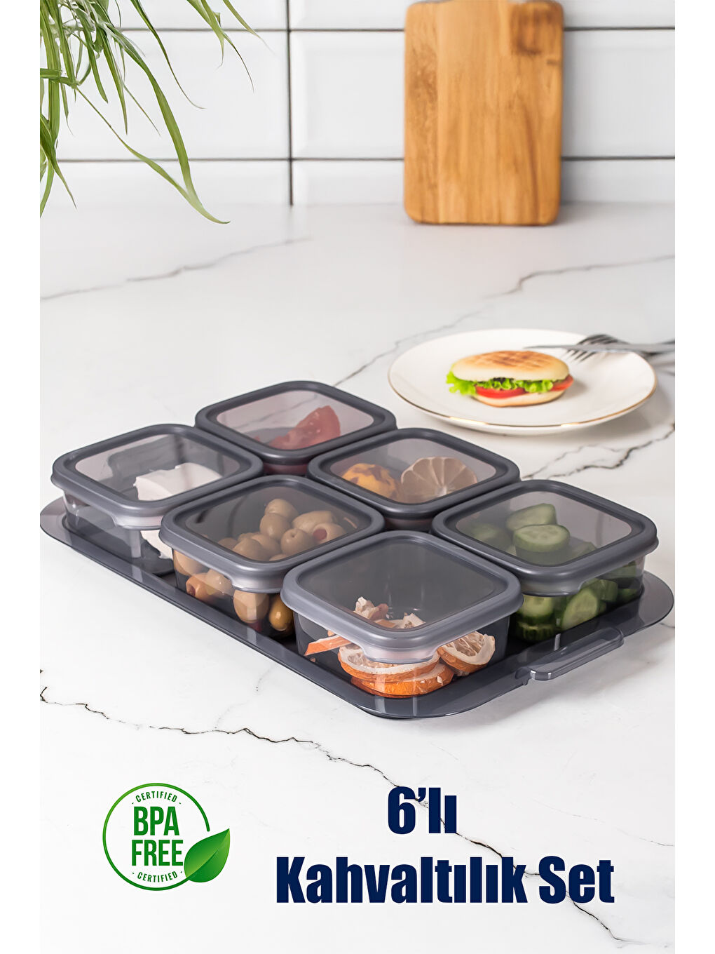 Gri 2043 Tepsili Kahvaltılık 6 Bölmeli Sızdırmaz Kapaklı Füme