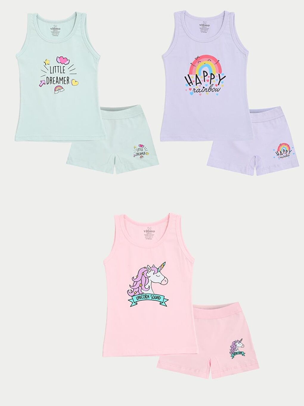 Kız Çocuk Pamuklu 3'Lü Atlet 3'Lü Şort Boxer Karışık Renk Rainbow 6 Parça Set