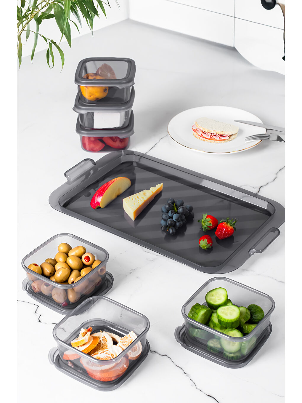 Gri 2043 Tepsili Kahvaltılık 6 Bölmeli Sızdırmaz Kapaklı Füme-2