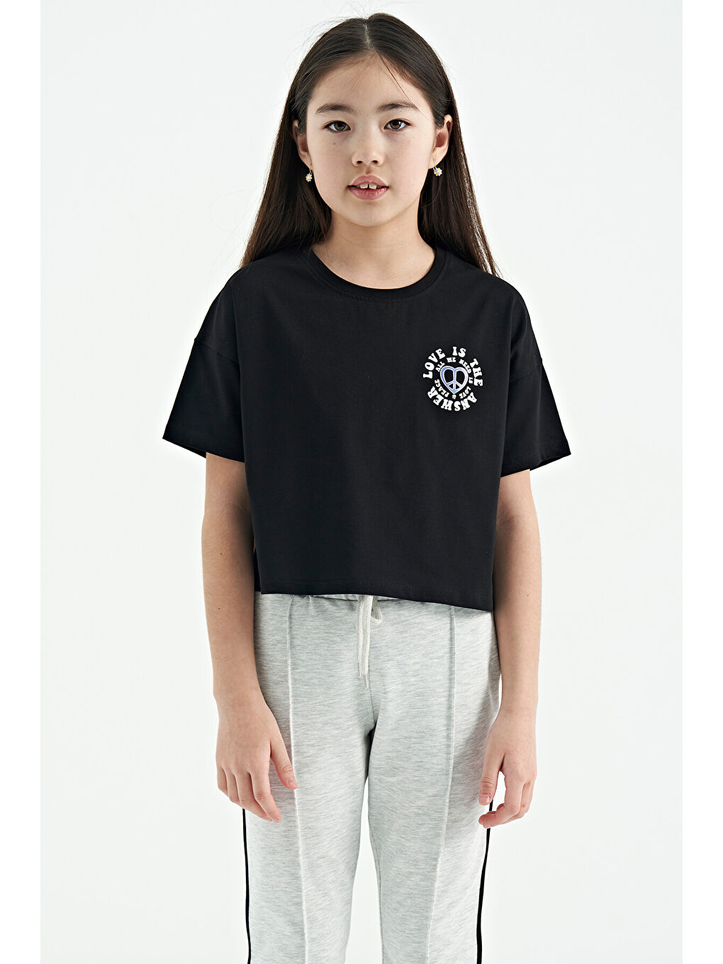 Siyah Ön Arka Baskılı O Yaka Düşük Omuz Oversize Kısa Kollu Kız Çocuk Tişört - 75126