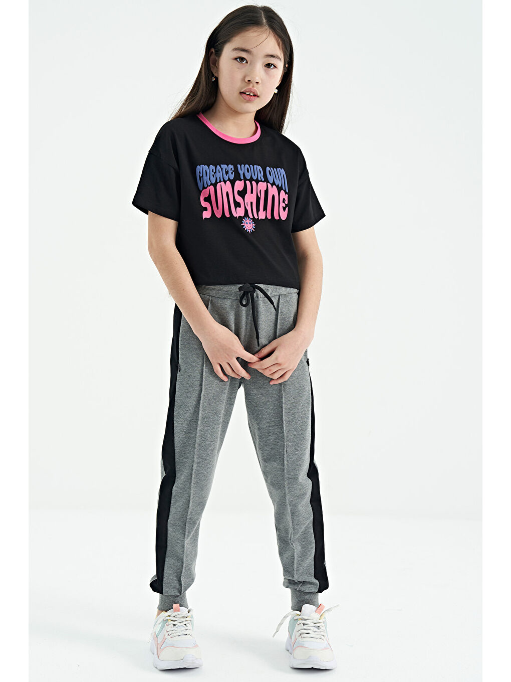 Gri Melanj Yan Bantlı Gizli Fermuar Cep Detaylı Jogger Kız Çocuk Eşofman Alt - 75122-2