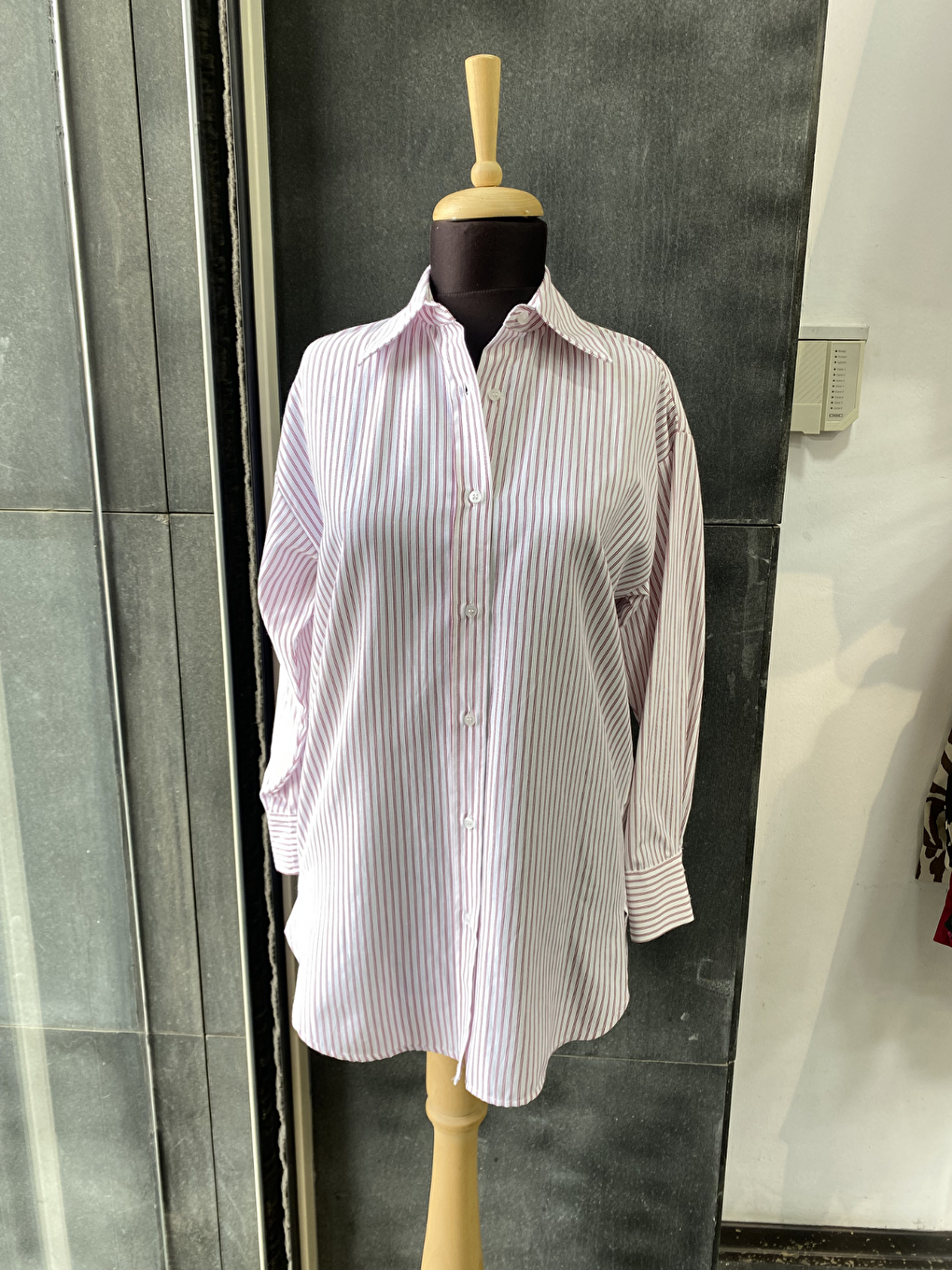 Bordo Çizgili Oversize Kadın Gömlek-3