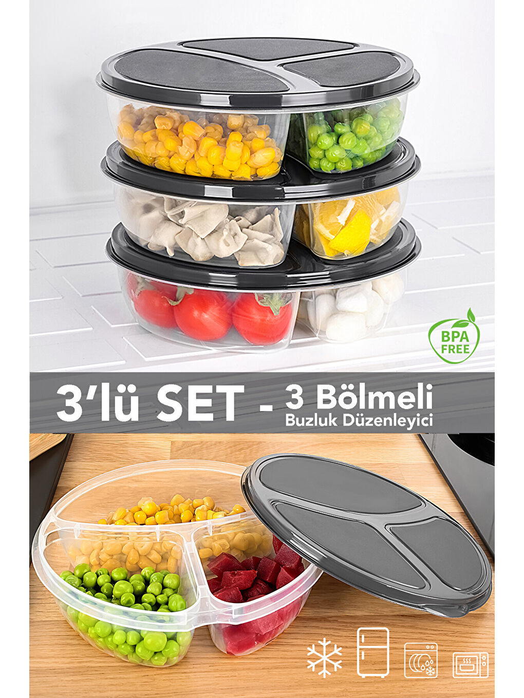 Renksiz 3 Adet Yuvarlak 3 Bölmeli Saklama Kabı